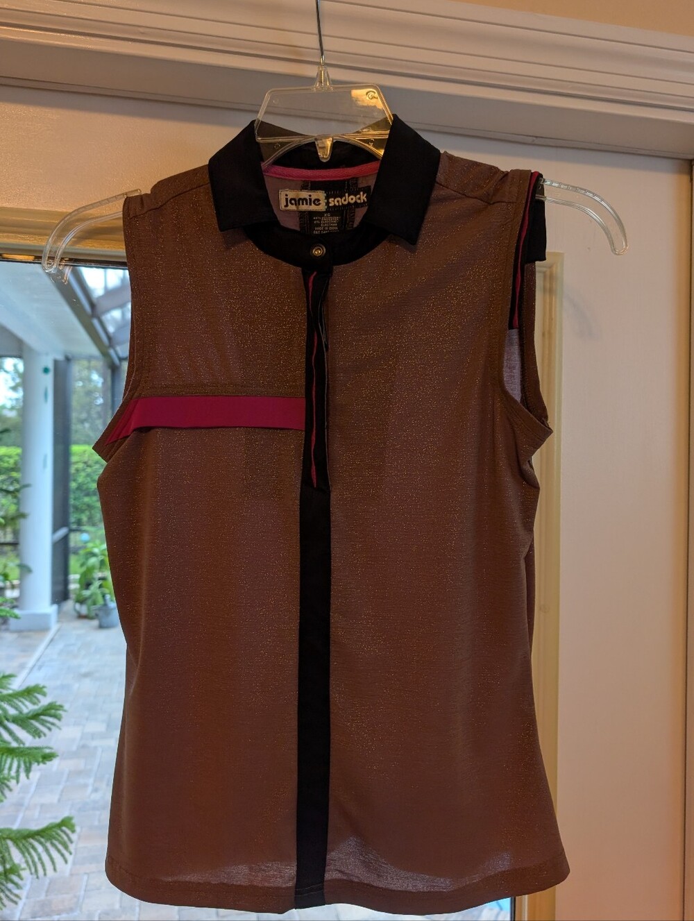 Jamie Sadock Women's Sleeveless Brown Polo Top with Pink Accent.  Gold Sparkle